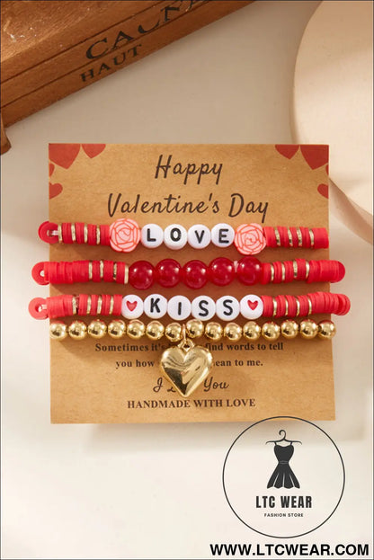 Fiery red kiss love valentines day golden beading bracelets 4pcs set - fiery red / one size / 100% pmma - jewelry