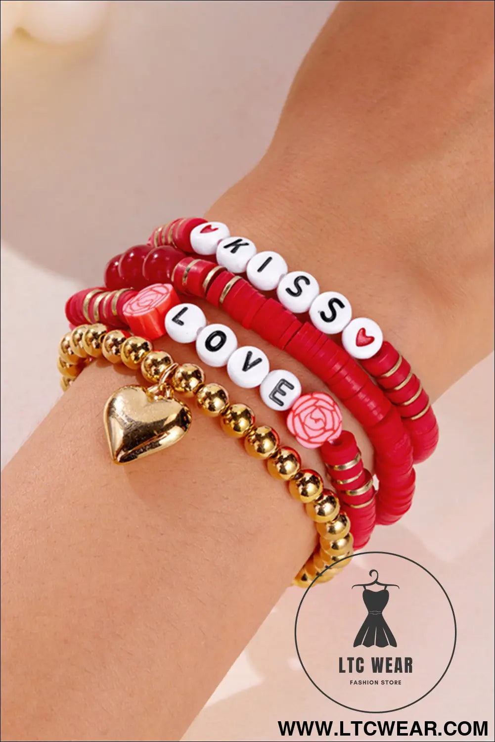 Fiery red kiss love valentines day golden beading bracelets 4pcs set - fiery red / one size / 100% pmma - jewelry