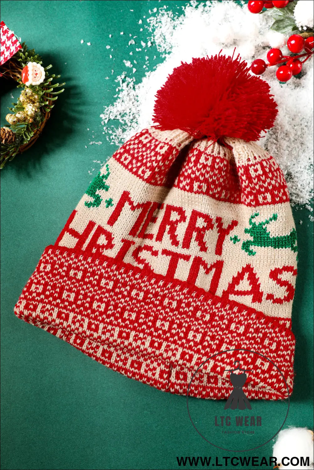 Fiery red merry christmas winter pom beanie hat - fiery red / one size / 100% acrylic - hats & caps