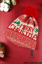Fiery red merry christmas winter pom beanie hat - fiery red / one size / 100% acrylic - hats & caps
