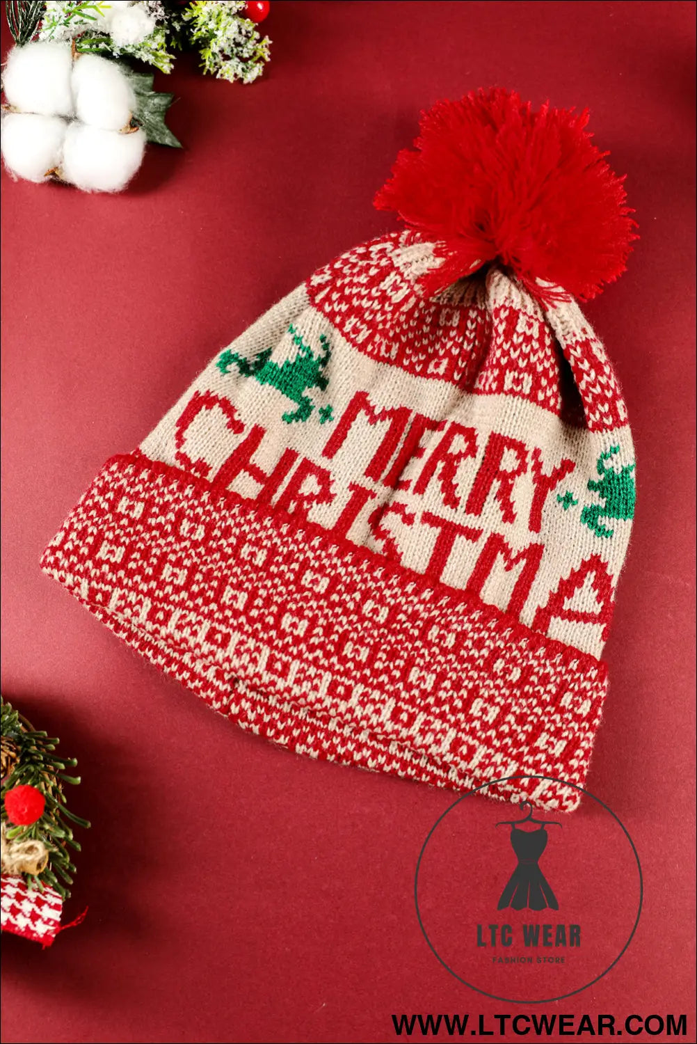 Fiery red merry christmas winter pom beanie hat - fiery red / one size / 100% acrylic - hats & caps