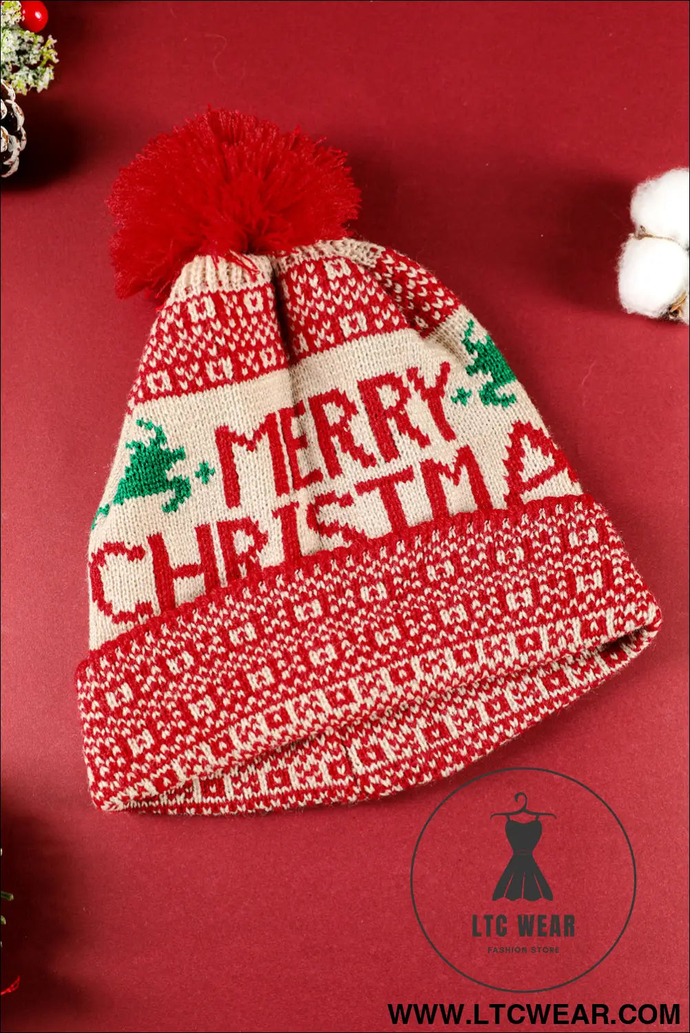 Fiery red merry christmas winter pom beanie hat - fiery red / one size / 100% acrylic - hats & caps