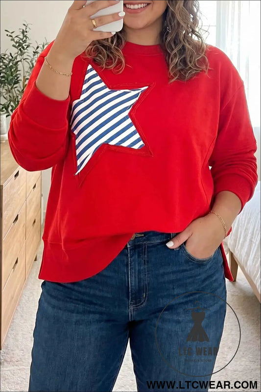 Fiery Red Patch Embroidery Star Colorblock Plus Size Sweatshirt