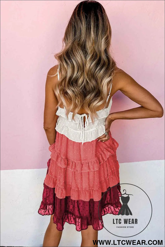 Fiery Red Pink Ombre Swiss Dot Ruffled Tiered Mini Dress