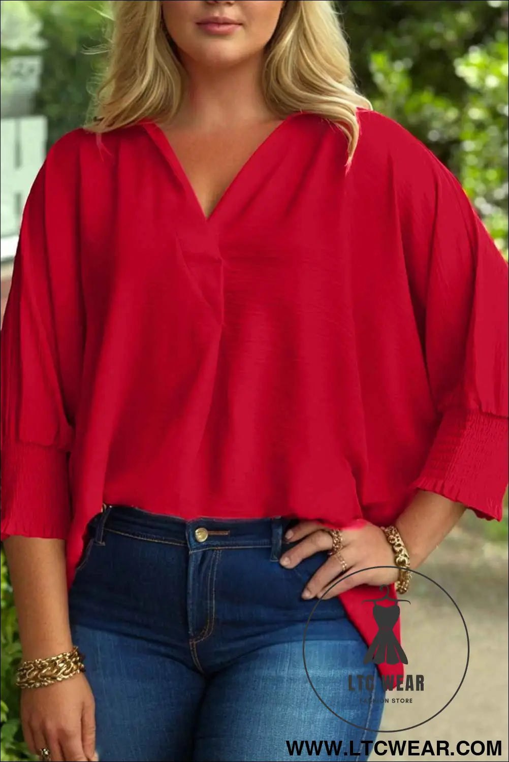 Fiery Red Plus Size Shirred Cuff Dolman Oversized Tunic Blouse