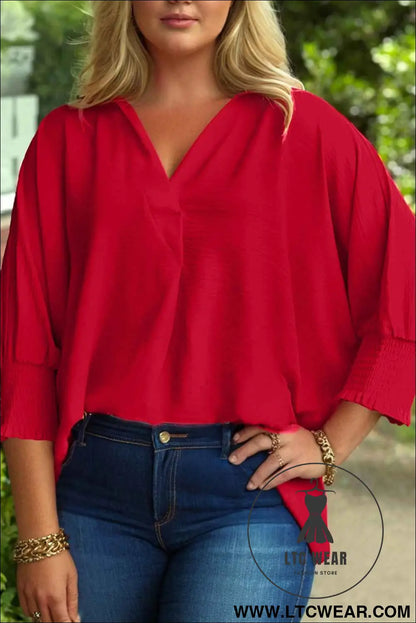 Fiery Red Plus Size Shirred Cuff Dolman Oversized Tunic Blouse