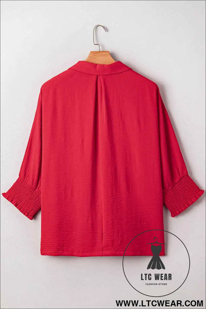 Fiery Red Plus Size Shirred Cuff Dolman Oversized Tunic Blouse