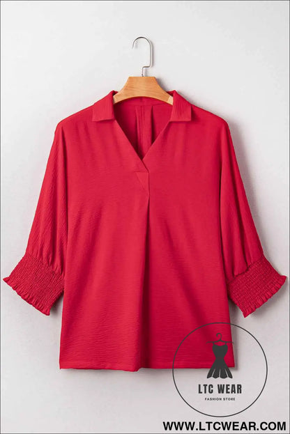 Fiery Red Plus Size Shirred Cuff Dolman Oversized Tunic Blouse