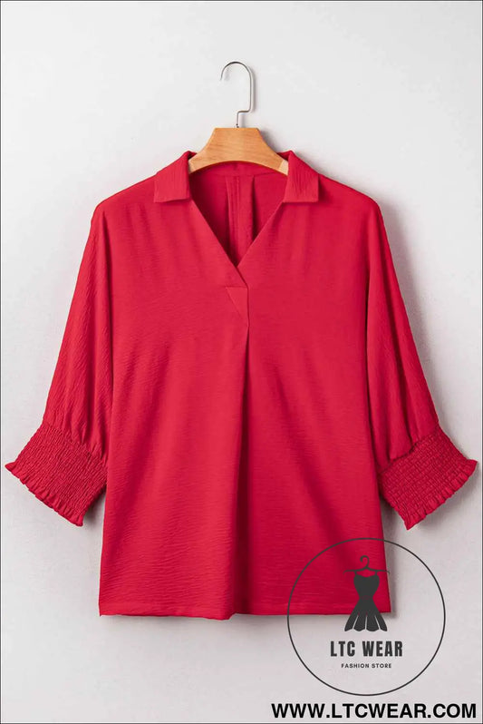 Fiery Red Plus Size Shirred Cuff Dolman Oversized Tunic Blouse