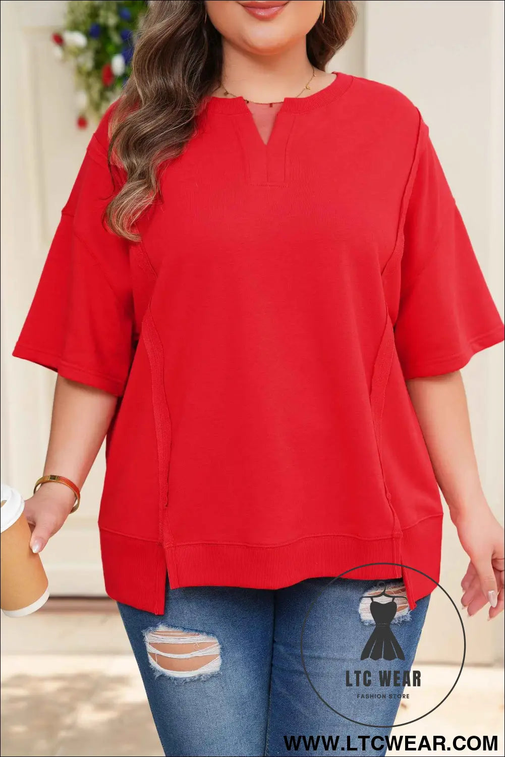 Fiery Red Plus Size Solid Color Notched Neck Seam Detail Patchwork Short Sleeve Top