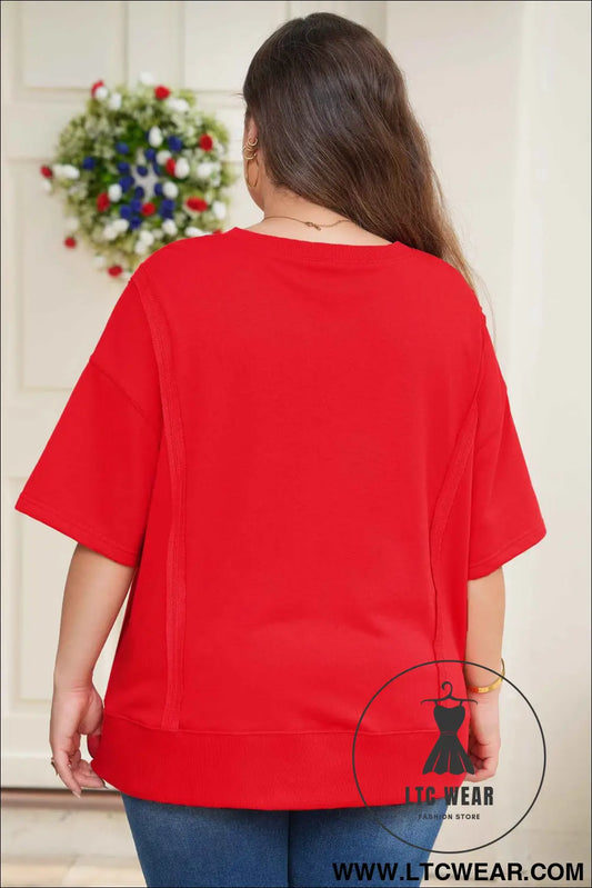Fiery Red Plus Size Solid Color Notched Neck Seam Detail Patchwork Short Sleeve Top