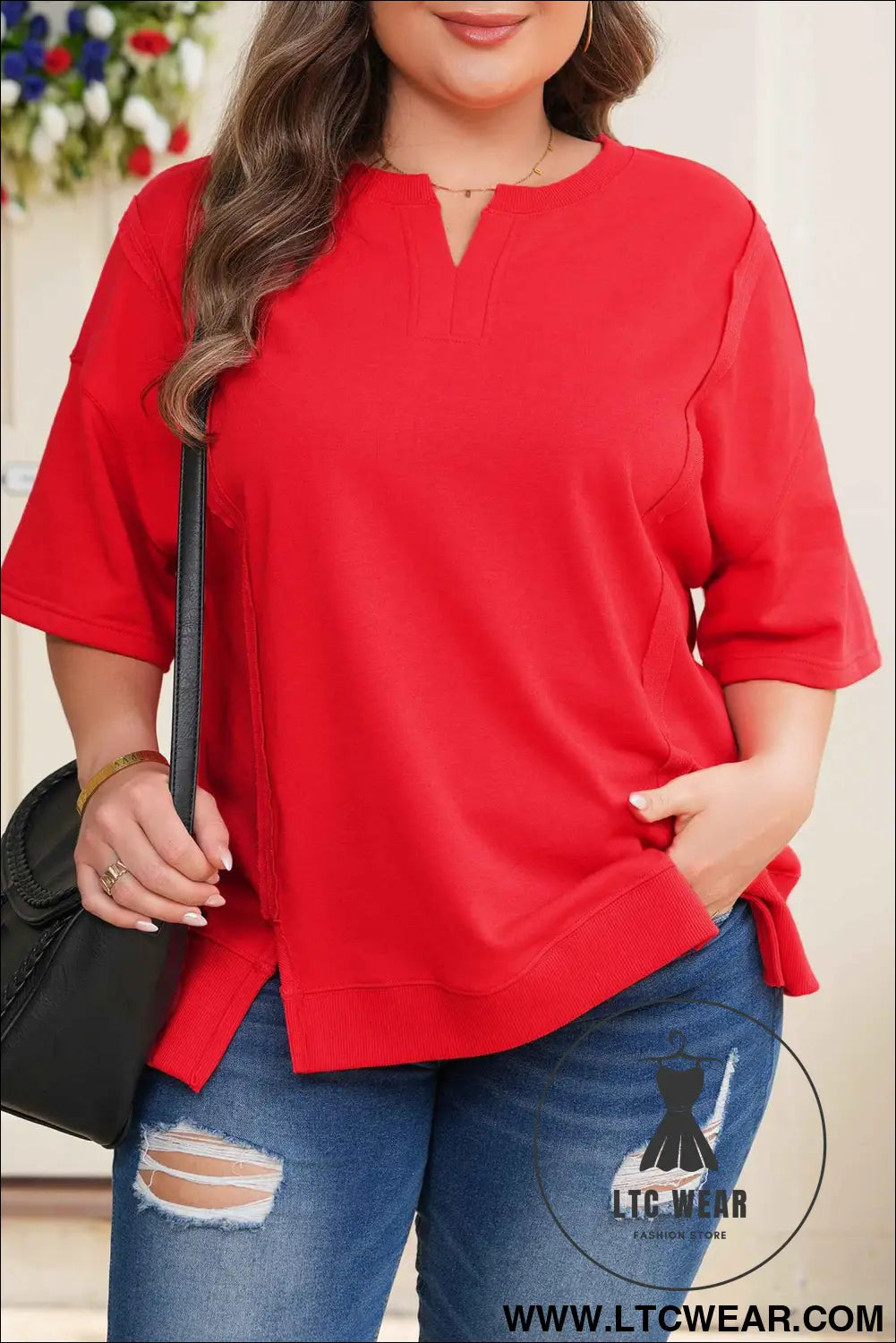 Fiery Red Plus Size Solid Color Notched Neck Seam Detail Patchwork Short Sleeve Top