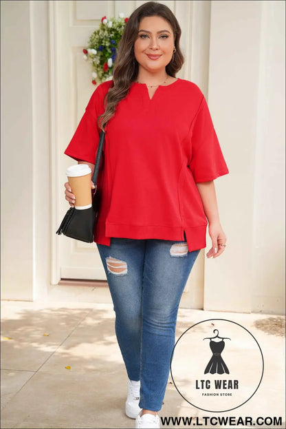 Fiery Red Plus Size Solid Color Notched Neck Seam Detail Patchwork Short Sleeve Top