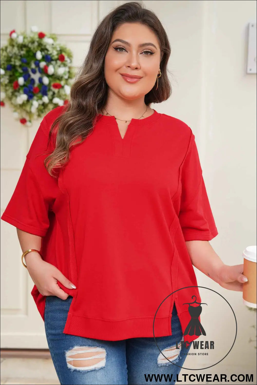 Fiery Red Plus Size Solid Color Notched Neck Seam Detail Patchwork Short Sleeve Top