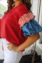 Fiery red plus size striped ruffles star short bubble sleeve patchwork top - plus size tops & tees