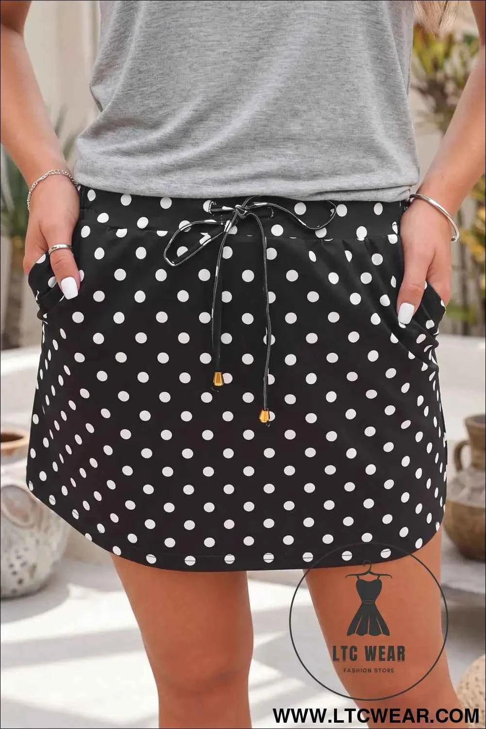 Fiery Red Polka Dot Drawstring Casual Mini Skort