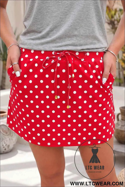 Fiery Red Polka Dot Drawstring Casual Mini Skort