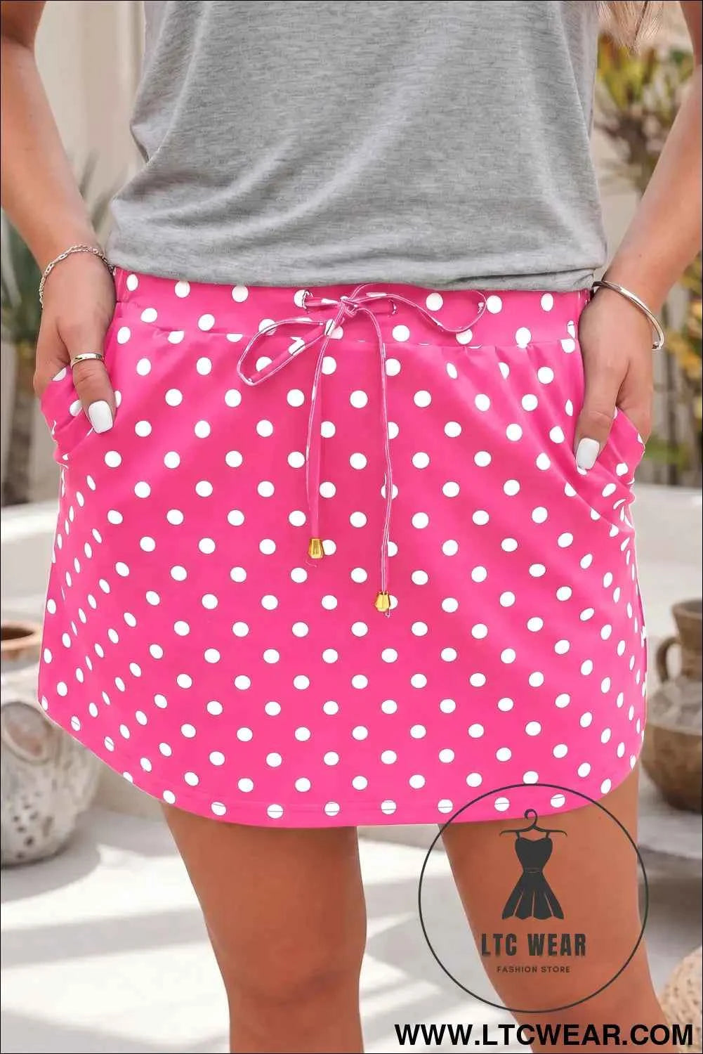Fiery Red Polka Dot Drawstring Casual Mini Skort