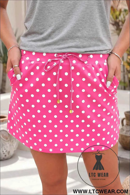 Fiery Red Polka Dot Drawstring Casual Mini Skort