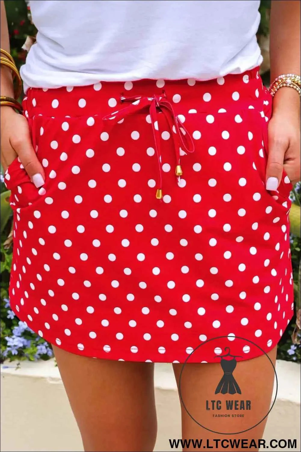 Fiery Red Polka Dot Drawstring Casual Mini Skort
