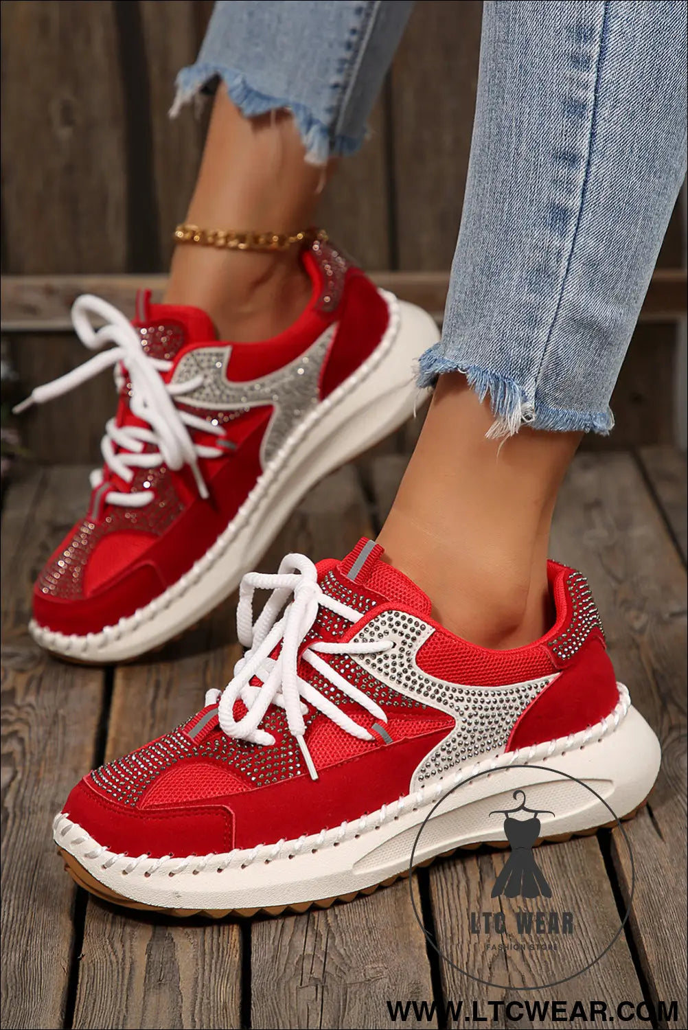 Fiery red rhinestone pu leather platform casual sneakers - fiery red / 37 / 100% polyester + 100% tpr - womens shoes