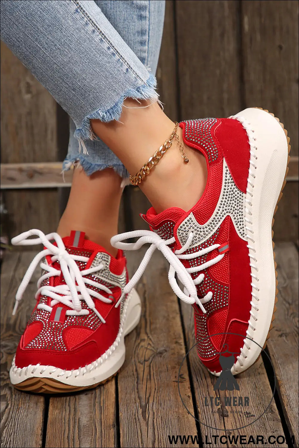 Fiery red rhinestone pu leather platform casual sneakers - womens shoes