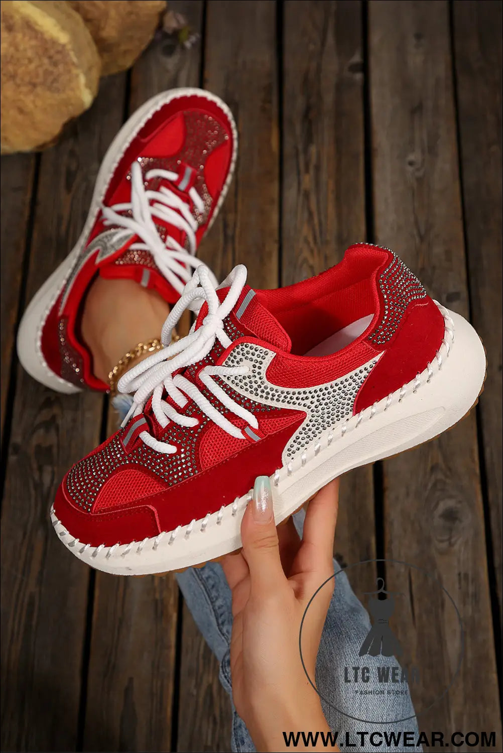 Fiery red rhinestone pu leather platform casual sneakers - womens shoes