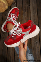 Fiery red rhinestone pu leather platform casual sneakers - womens shoes