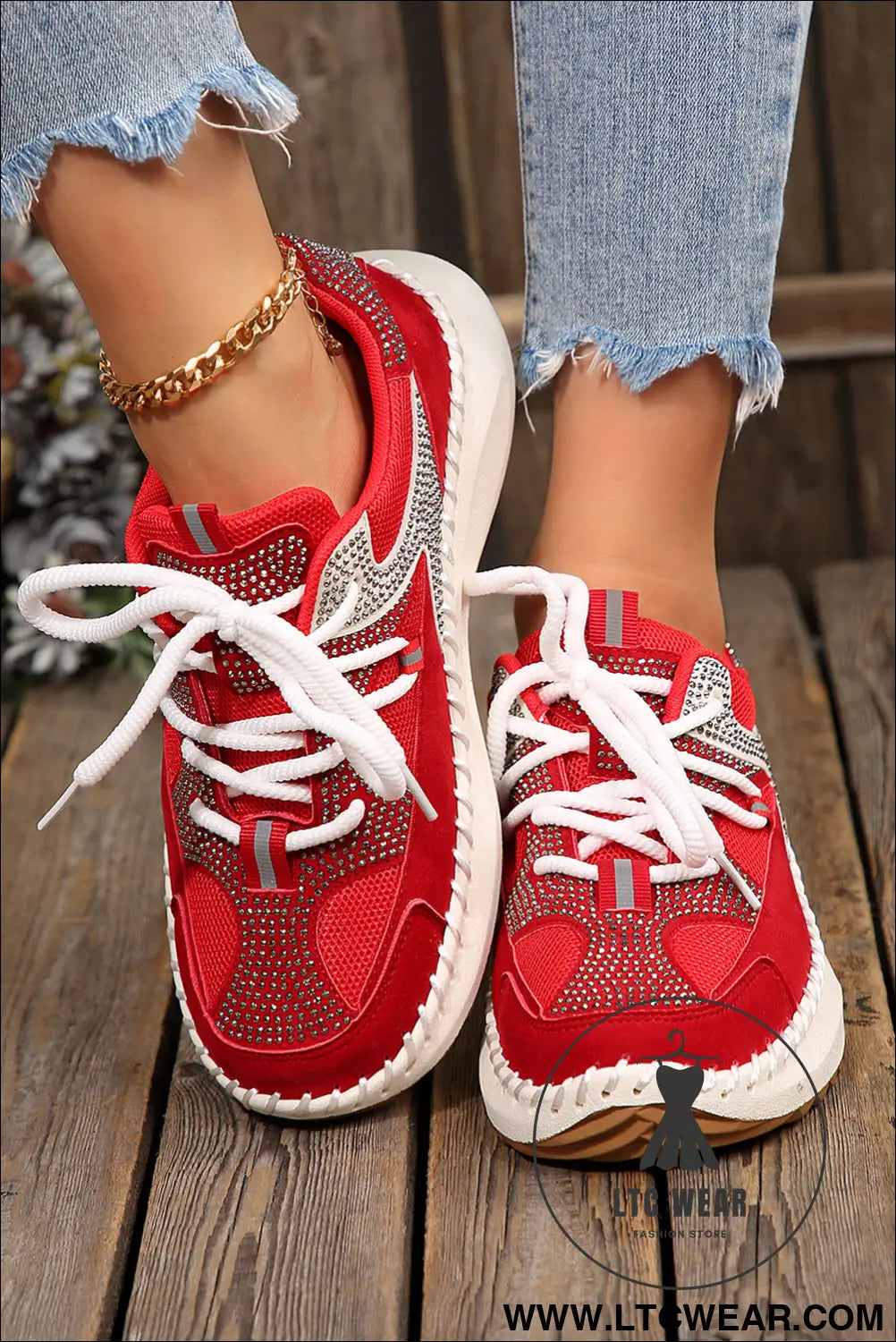 Fiery red rhinestone pu leather platform casual sneakers - womens shoes