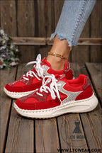 Fiery red rhinestone pu leather platform casual sneakers - womens shoes