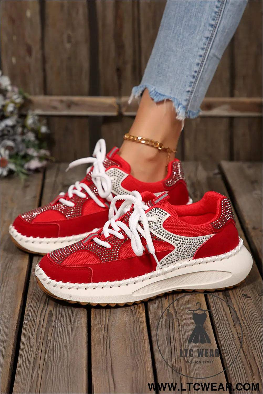 Fiery red rhinestone pu leather platform casual sneakers - womens shoes