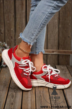 Fiery red rhinestone pu leather platform casual sneakers - womens shoes