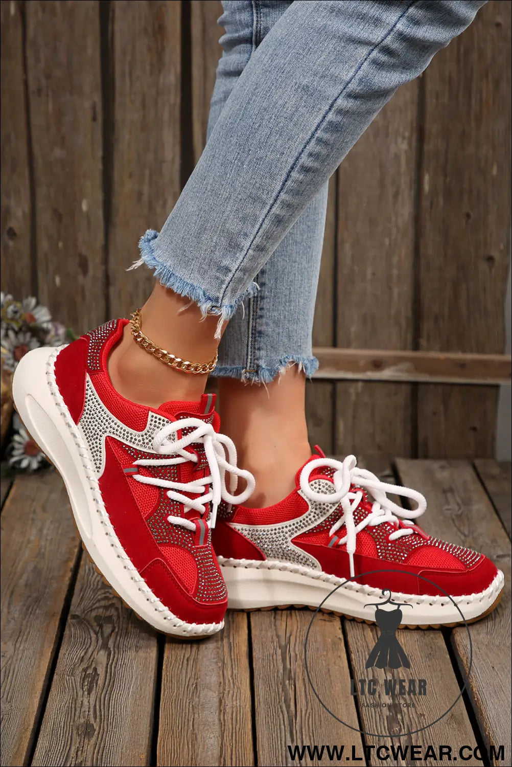 Fiery red rhinestone pu leather platform casual sneakers - womens shoes