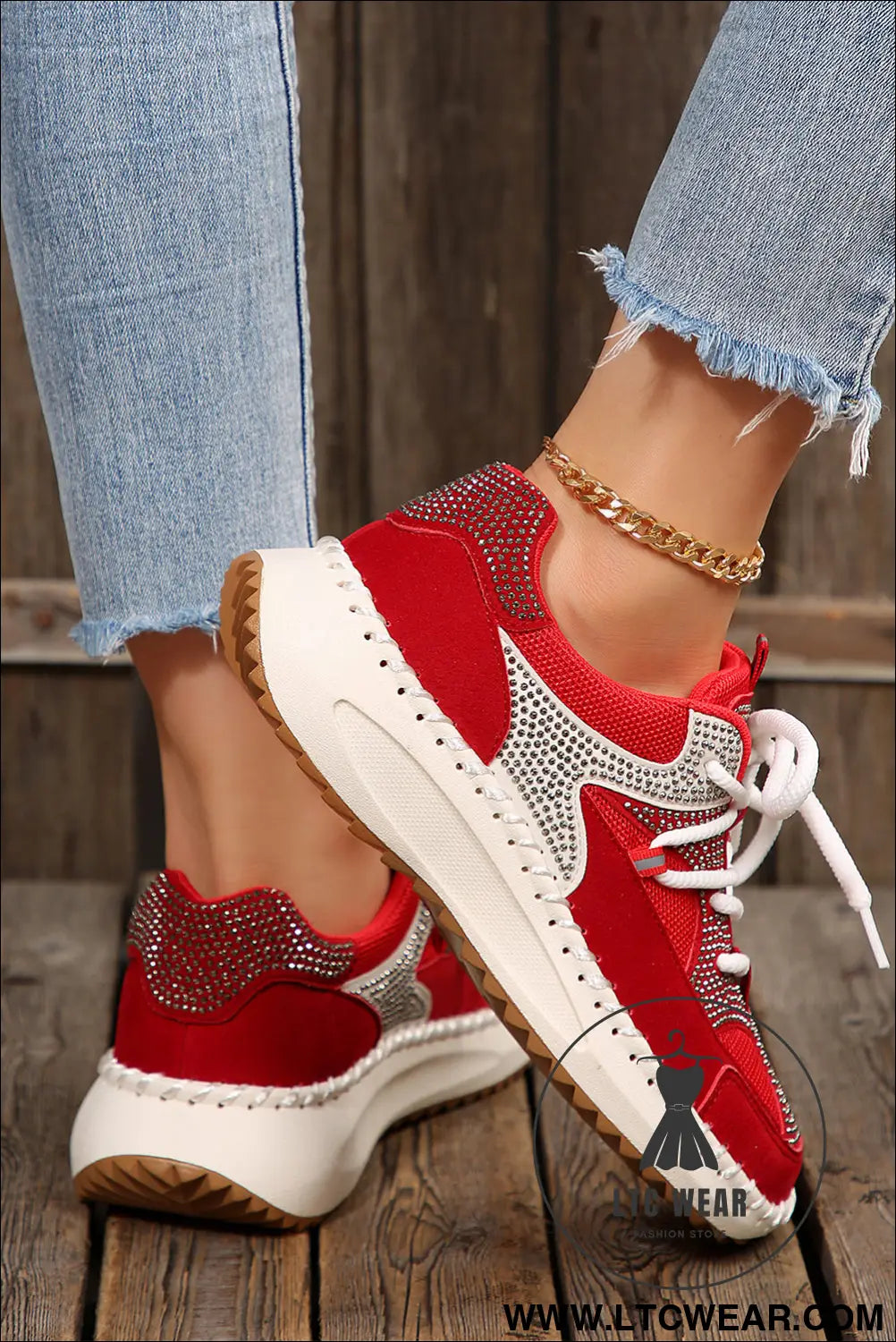 Fiery red rhinestone pu leather platform casual sneakers - womens shoes