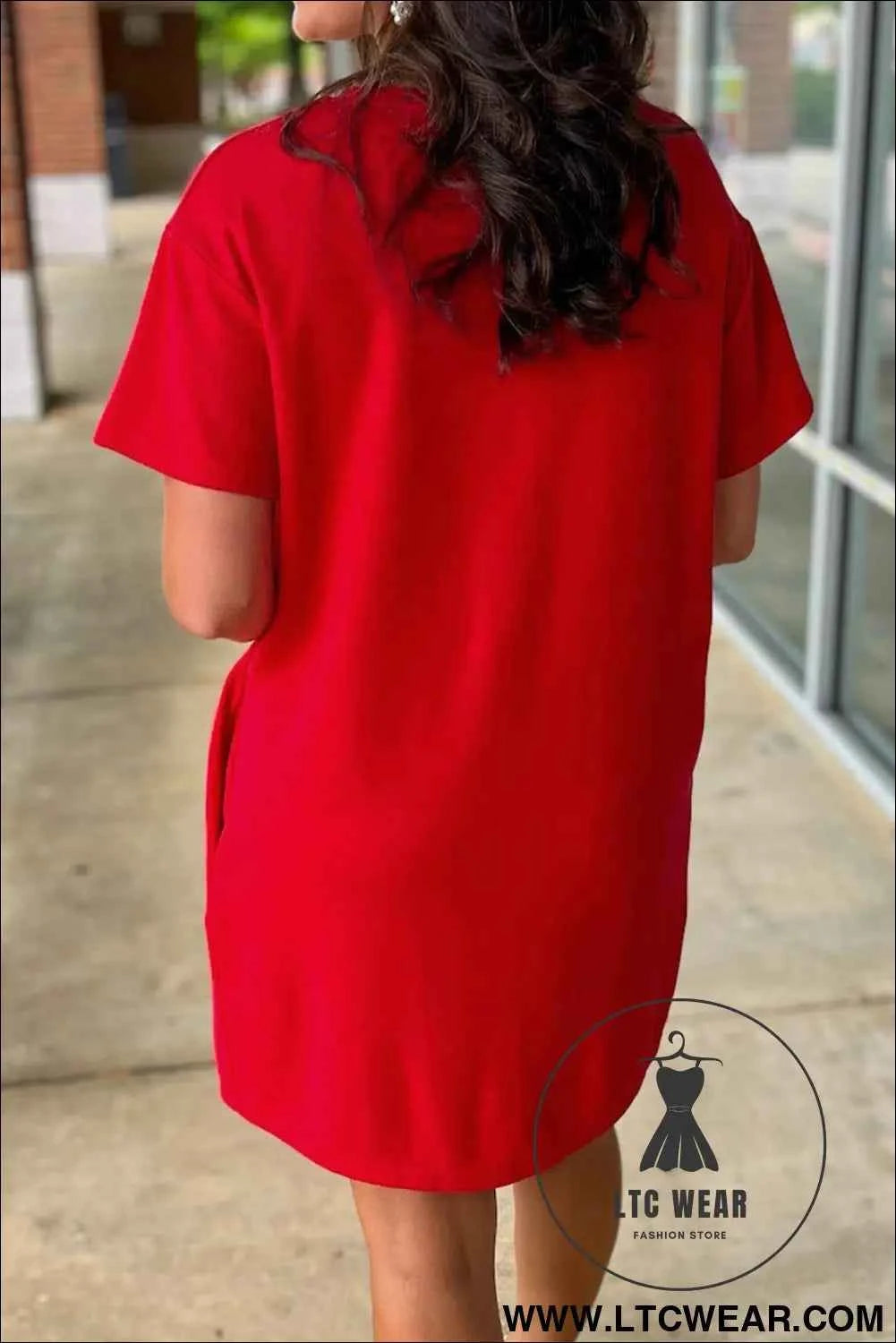Fiery Red Sequin Trim Stars and Stripes Bow Patched T Shirt Mini Dress