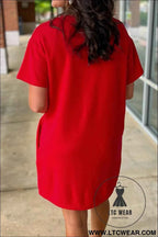 Fiery Red Sequin Trim Stars and Stripes Bow Patched T Shirt Mini Dress