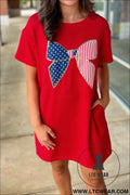 Fiery Red Sequin Trim Stars and Stripes Bow Patched T Shirt Mini Dress