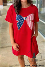 Fiery Red Sequin Trim Stars and Stripes Bow Patched T Shirt Mini Dress