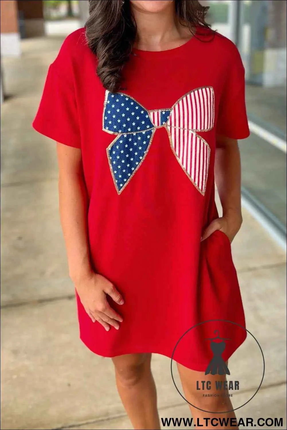 Fiery Red Sequin Trim Stars and Stripes Bow Patched T Shirt Mini Dress