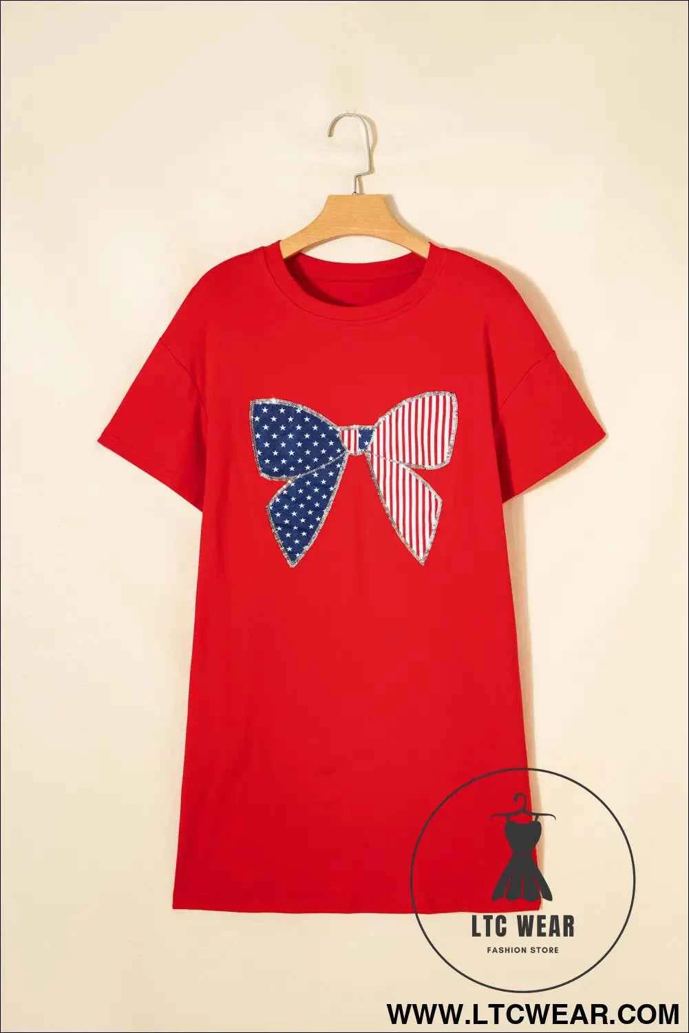 Fiery Red Sequin Trim Stars and Stripes Bow Patched T Shirt Mini Dress