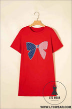 Fiery Red Sequin Trim Stars and Stripes Bow Patched T Shirt Mini Dress