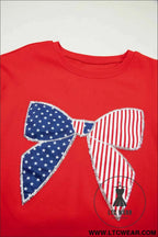 Fiery Red Sequin Trim Stars and Stripes Bow Patched T Shirt Mini Dress