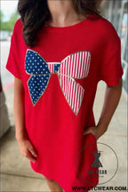 Fiery Red Sequin Trim Stars and Stripes Bow Patched T Shirt Mini Dress
