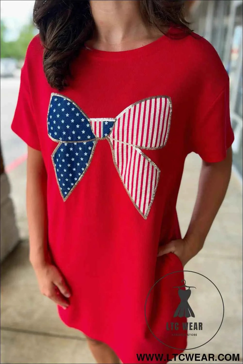 Fiery Red Sequin Trim Stars and Stripes Bow Patched T Shirt Mini Dress