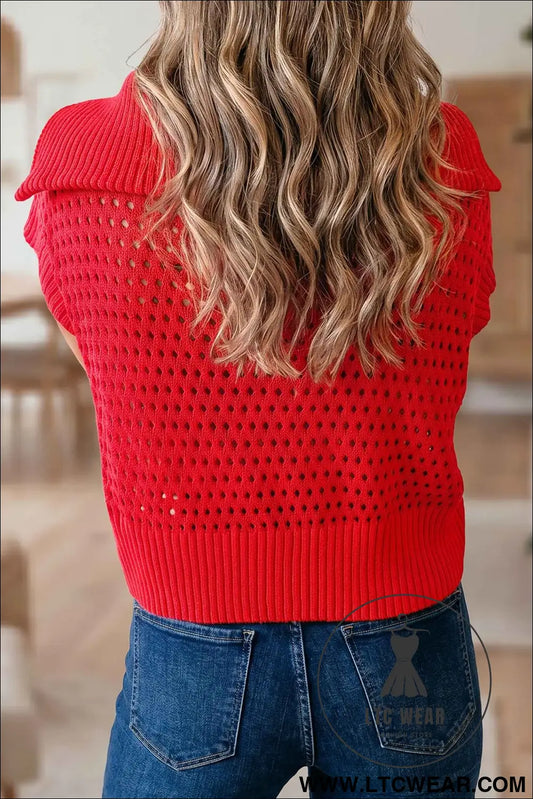 Fiery Red Solid Color Hollowed Knit Short Sleeve Zipper Collar Knitwear Top