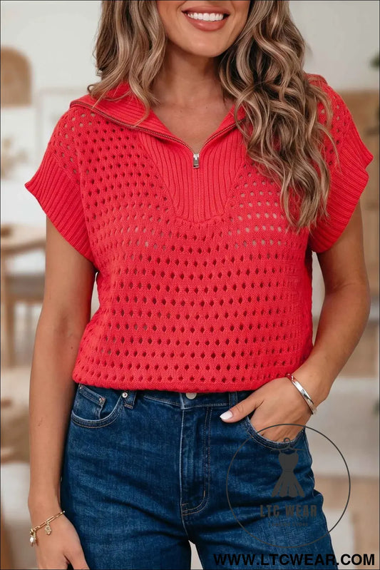 Fiery Red Solid Color Hollowed Knit Short Sleeve Zipper Collar Knitwear Top