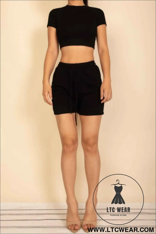 Fitted Crop Tee & Adjustable Drawstring Shorts Set