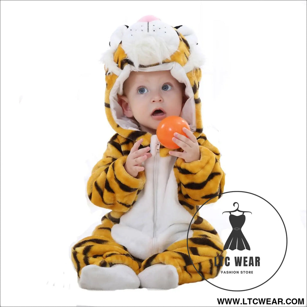 Flannel children’s crawling clothes baby clothes long sleeved hoodie newborn cartoon jumpsuit - old style tiger