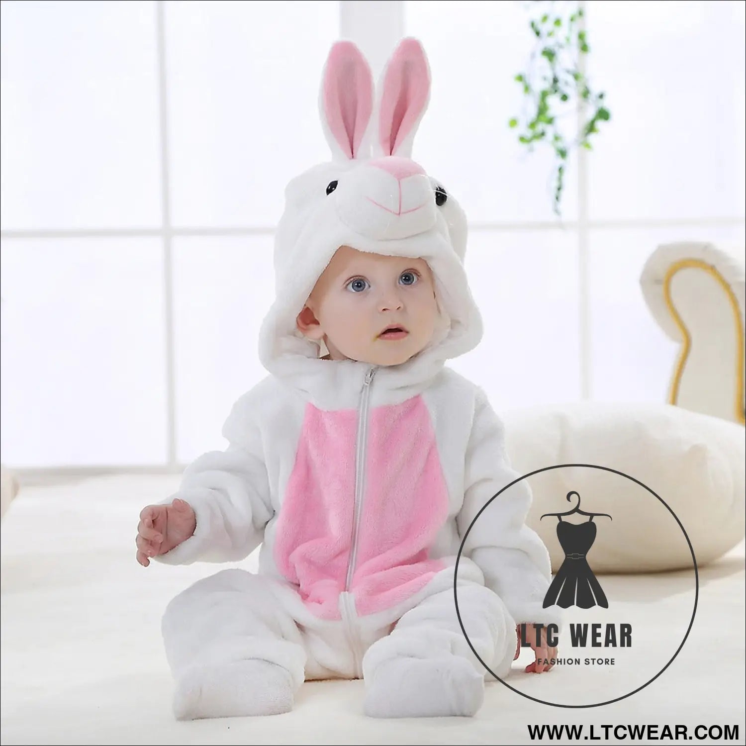 Flannel children’s crawling clothes baby clothes long sleeved hoodie newborn cartoon jumpsuit - white rabbit