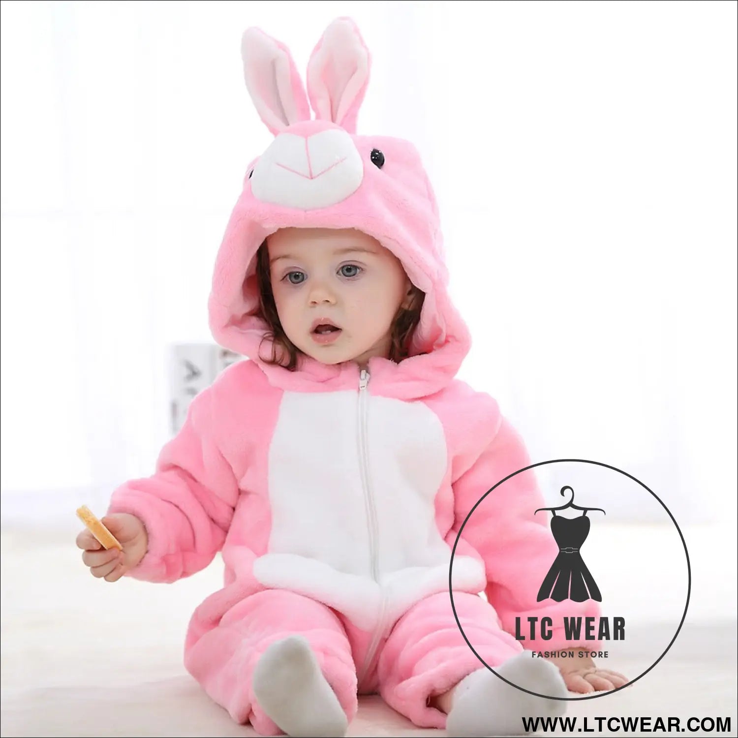 Flannel children’s crawling clothes baby clothes long sleeved hoodie newborn cartoon jumpsuit - pink rabbit